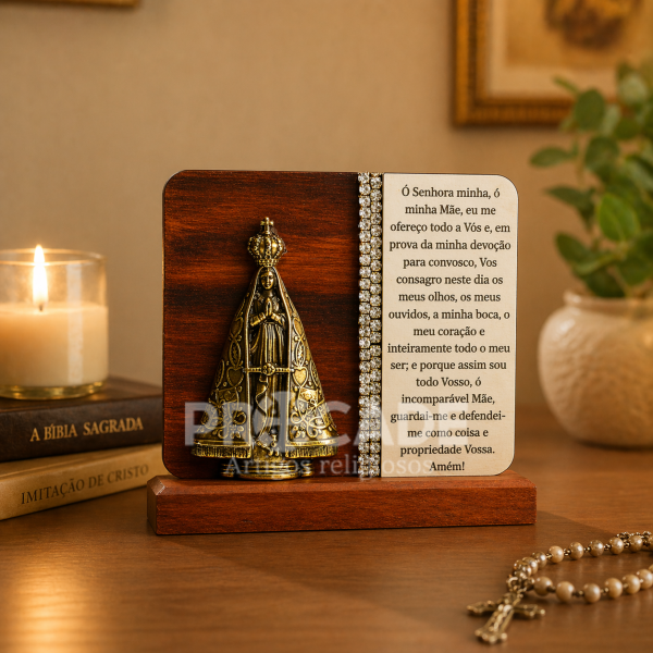 Placa Decorativa Nossa Senhora Aparecida com Oração – Madeira e Metal 10x10cm