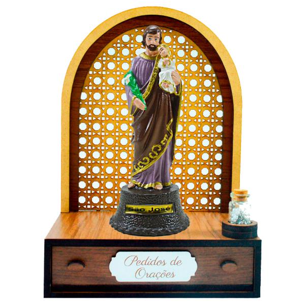 Altar com gaveta de pedidos de Oração São José 22 cm + Terço Grátis na garrafinha