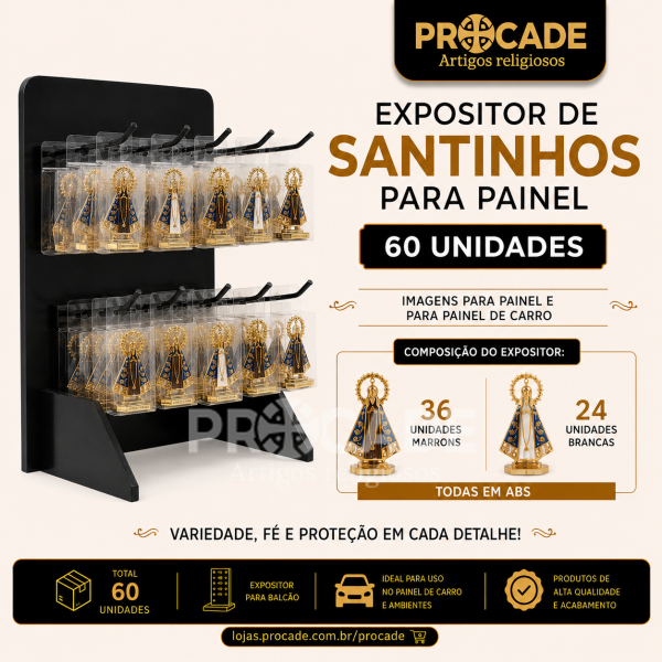 Expositor de Balcão com 60 Santinhas para Painel em ABS – Sortimento 36 Marrons e 24 Brancas
