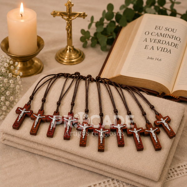 Kit 10 Cordões Crucifixo Católico 2x4cm em Madeira com Cristo Metalizado