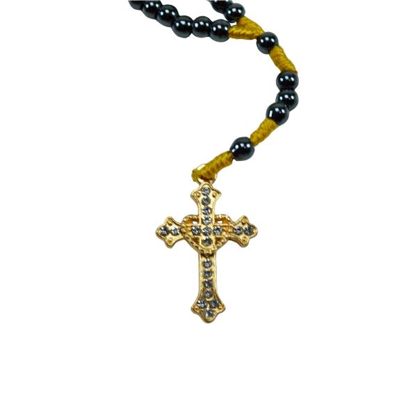 Terço Pulso Hematita Natural  Placa de Aparecida c/Strass (12 UNIDADES)