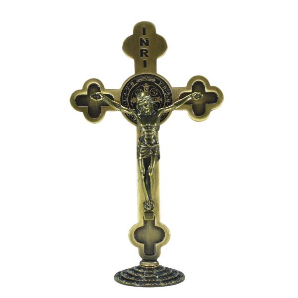 Crucifixo INRI em Metal com Base 23 cm - Ouro Velho