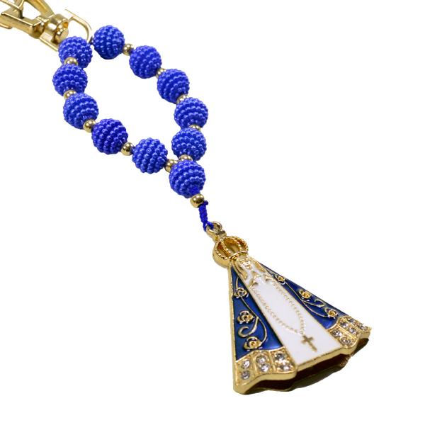 Chaveiro luxo de Nossa Senhora Aparecida azul com mosquetão