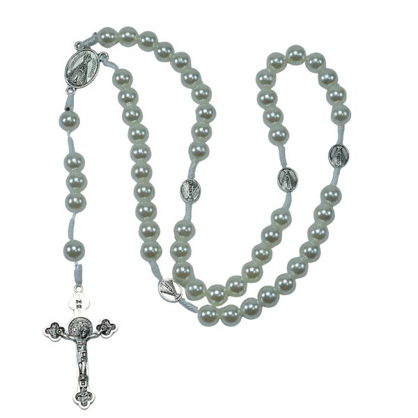 Terço em perola 10 MM com Medalha de Nossa Senhora Aparecida em metal italiano (Dúzia)