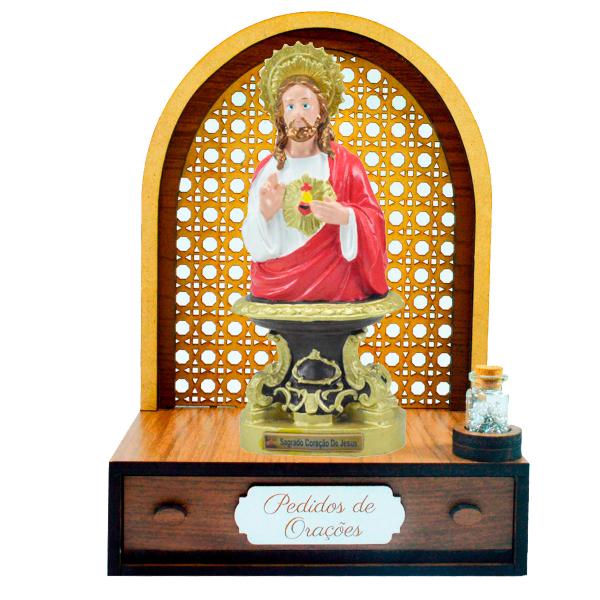 Altar com gaveta de pedidos de Oração Sagrado Coração de Jesus de Mesa 25 cm +Terço Grátis.