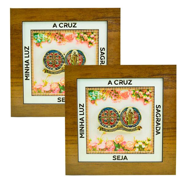 Kit Quadro em  MDF com  Medalha dupla de  São bento com STRASS.