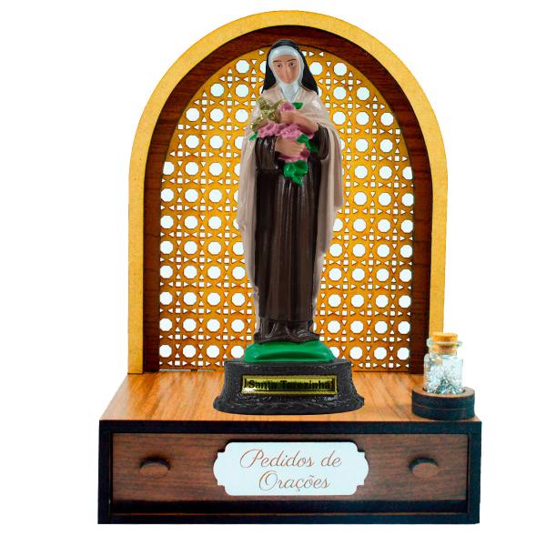 Altar com gaveta de pedidos de Oração Santa Terezinha 22 cm +Terço Grátis na garrafinha.