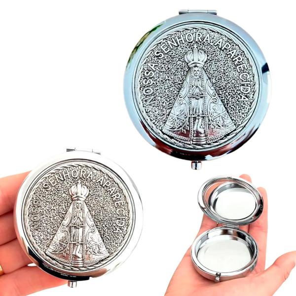 Porta Terço/Teca de Nossa Senhora Aparecida em aço inox cromado grande (07 cm)