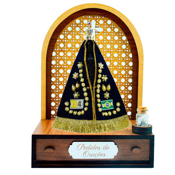 Altar com gaveta de pedidos de Oração N.Sra Aparecida 19 cm com manto e coroa-Réplica da original + Terço Grátis na garrafinha