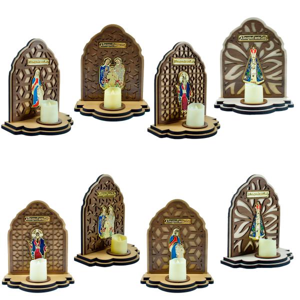 Kit -Oratório Santas Chagas,Sagrada Família,Maria Passa á frente,Nossa Senhora Aparecida com Vela elet.(08 Un)