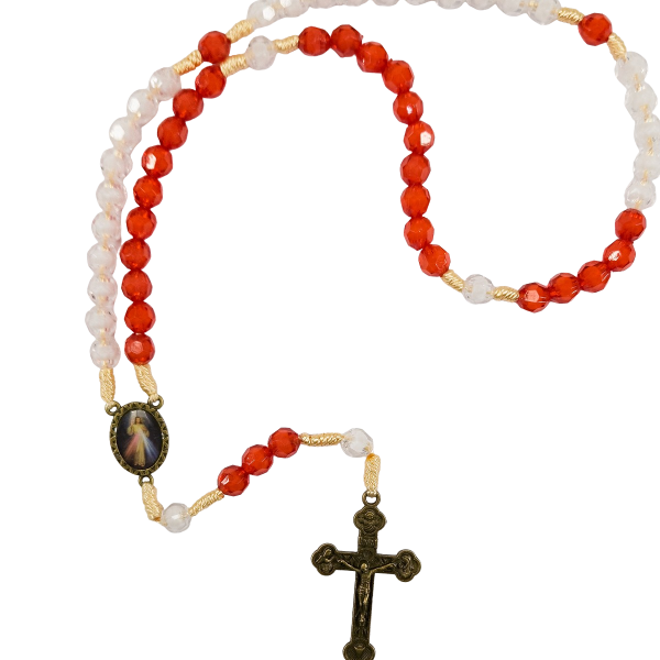 Terço da Misericórdia com Contas Cristal - Vermelho e Branco (Dúzia-R$ 6,75 unidade)