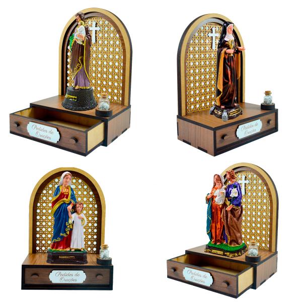 Altar com gaveta de pedidos de Oração São Miguel detalhe azul 20cm + Terço Grátis na garrafinha