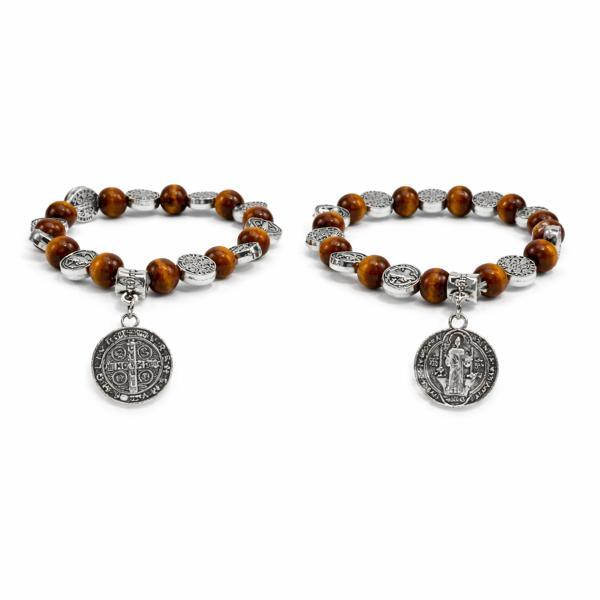 Pulseiras São Bento  contas Amadeiradas com Medalhas de São Bento Prateadas-12 Unidades.