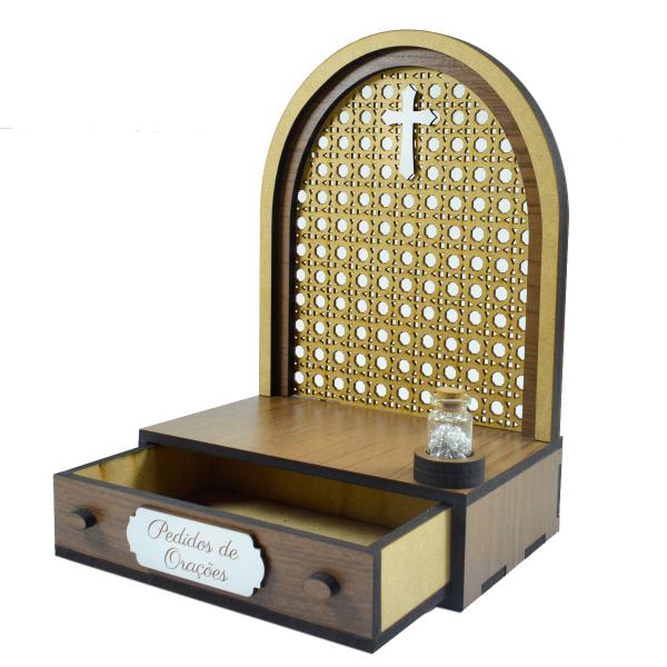 Altar com gaveta de pedidos de Oração São Padre Pio 21 cm + Terço Grátis na garrafinha