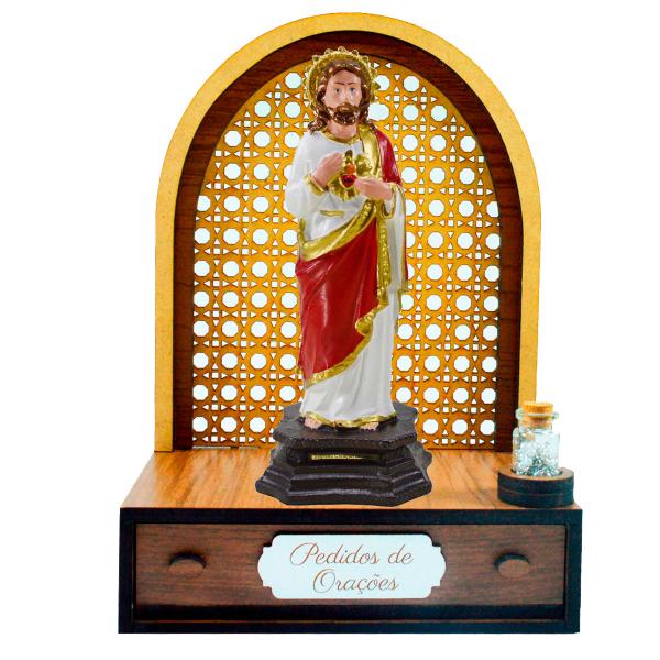 Altar com gaveta de pedidos de Oração Sagrado Coração de Jesus 20cm + Terço Grátis na garrafinha