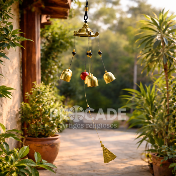 Sino dos Ventos Nossa Senhora Aparecida 5 Sinos em Metal 55cm – Peça Decorativa Premium para Ambientes Externos