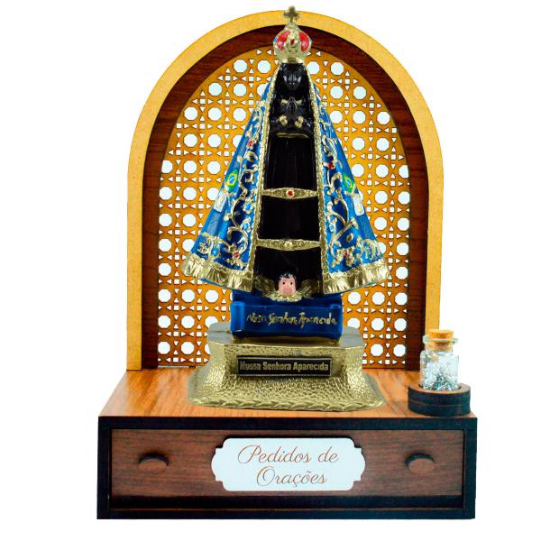 Altar com gaveta de pedidos de Oração Nossa Senhora Aparecida 25 cm + Terço Grátis na garrafinha
