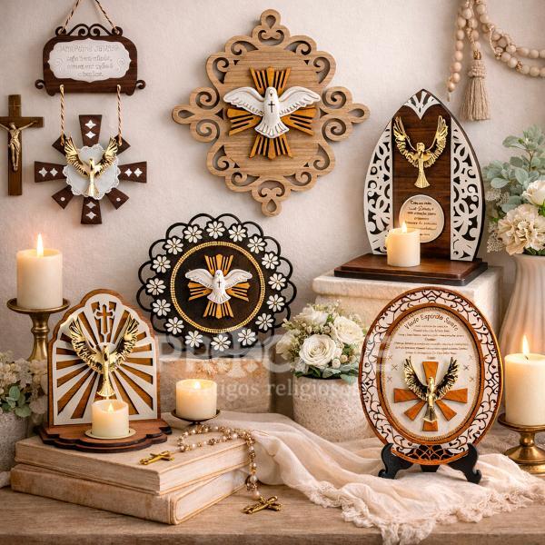 Kit coleção 6 Peças Espírito Santo em MDF Decorativo – Mandalas Religiosas com Divino Espírito Santo.