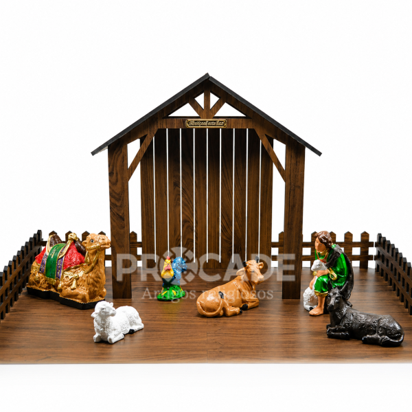 Estábulo MDF Madeirado 65cm com Animais e Pastor-07 Peças