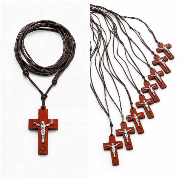 Kit 10 Cordões Crucifixo Católico 2x4cm em Madeira com Cristo Metalizado