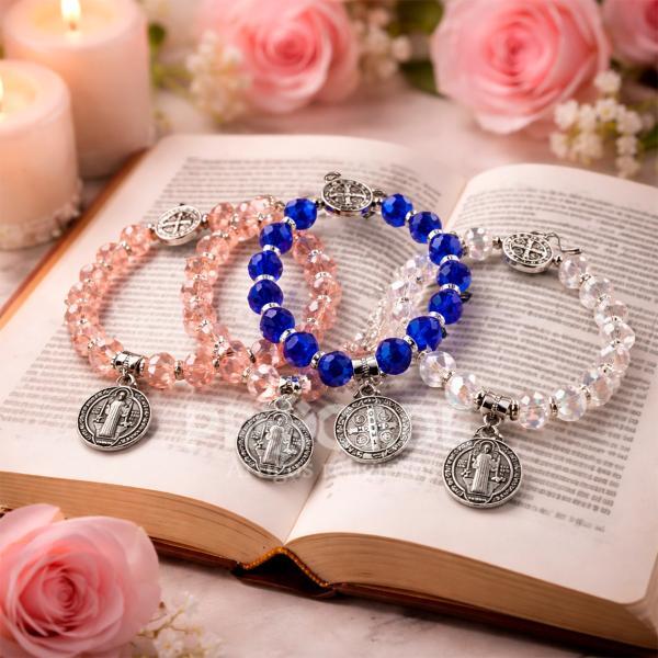 Kit com 12 Pulseiras de São Bento com Cristais Facetados