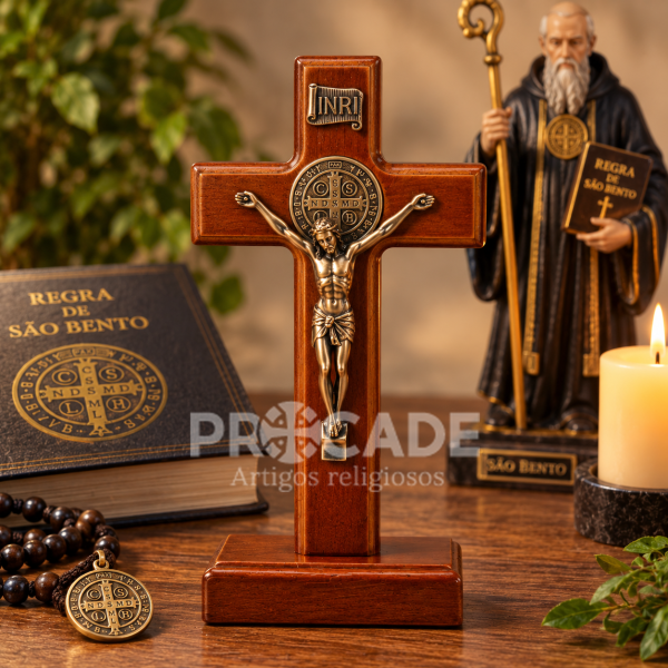 Cruz de São Bento com Cristo – 16 cm – Madeira e Metal