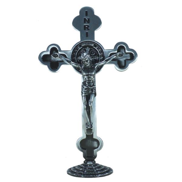 Crucifixo INRI em Metal  com Base 23 cm - Prata velha