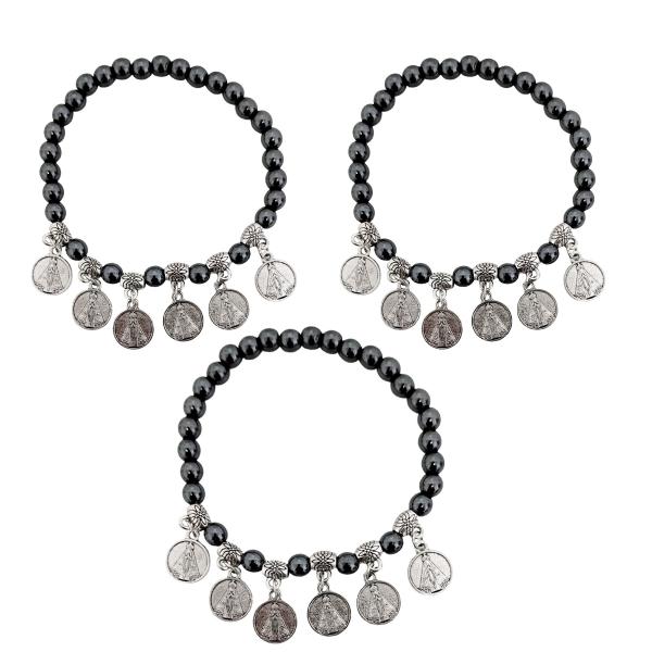 Pulseira Hematita Natural Medalhas com Nossa Senhora Aparecida (12unidasdes)