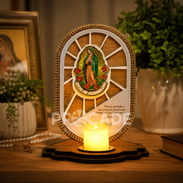 Oratório Nossa Senhora de Guadalupe com Vela Eletrônica LED – MDF Decorado com strass (04 unidades)