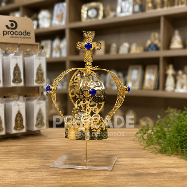 Coroa para Imagens Sacras – Metal Dourado com Pedras Azuis – 40 mm