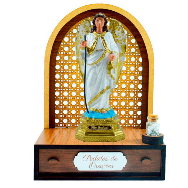 Altar com gaveta de pedidos de Oração São Rafael 23cm (AG) + Terço Grátis na garrafinha