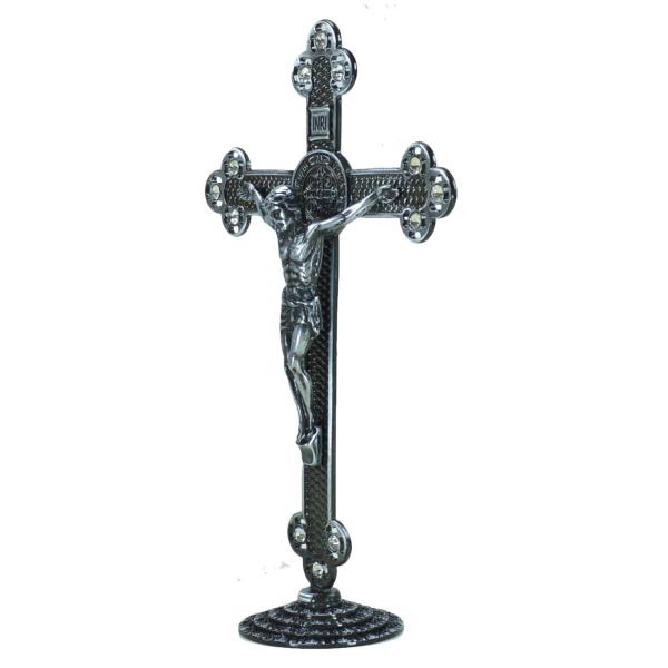 Crucifixo em Metal de mesa com strass 25 cm- Prata Velha.