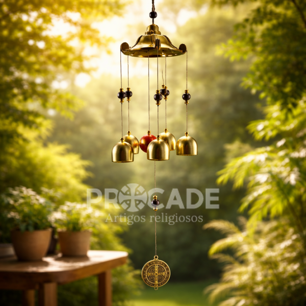 Sino dos Ventos São Bento 5 Sinos em Metal 55cm – Peça Decorativa Premium para Ambientes Externos
