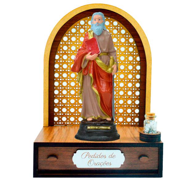 Altar com gaveta de pedidos de Oração São Paulo 20 cm + Terço Grátis na garrafinha.