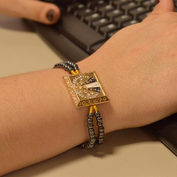 Terço Pulso Hematita Natural  Placa de Aparecida c/Strass (12 UNIDADES)