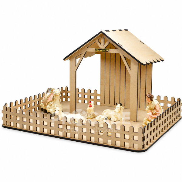 Estábulo para Presépio em MDF com Animais e Pastor–50x65x35cm–Kit Decorativo Completo