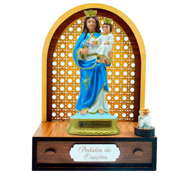 Altar com gaveta de pedidos de Oração Nossa Senhora da Guia 21 cm + Terço Grátis na garrafinha