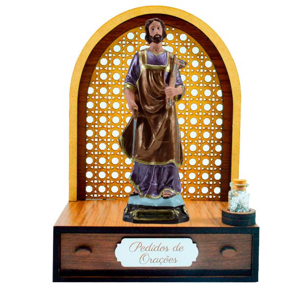 Altar com gaveta de pedidos de Oração São José Operário (22 cm) + Terço Grátis na garrafinha.