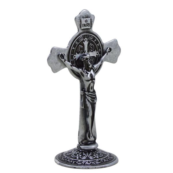 Crucifixo Metal de mesa com Medalha de São Bento 12 cm - Prata Velha
