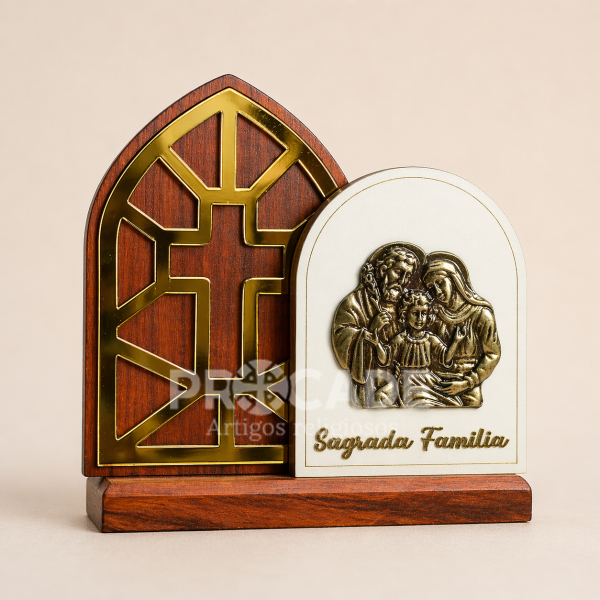 Mini Santuário Sagrada Família em Madeira de Demolição com Aplique em Metal – 14x12cm