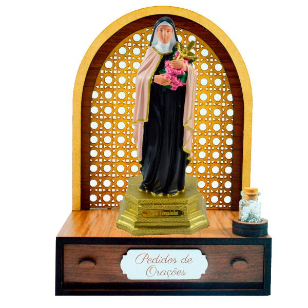 Altar com gaveta de pedidos de Oração Santa Terezinha 22 cm (AG) + Terço Grátis na garrafinha.