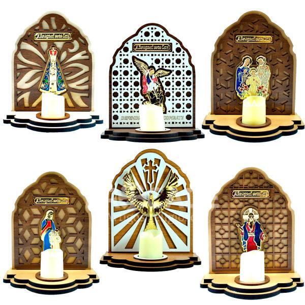 Kit com 6 Oratórios Religiosos em MDF com vela de LED – 6 Modelos Diferentes