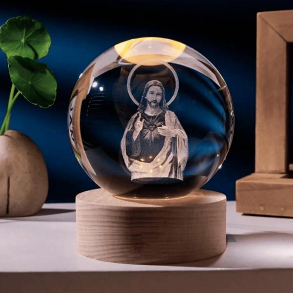 Luminária Cristal 3D de mesa do Sagrado Coração de Jesus 80 mm USB