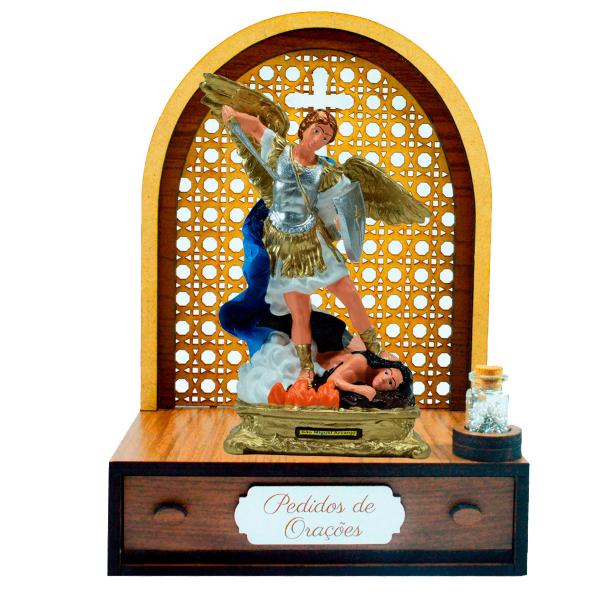 Altar com gaveta de pedidos de Oração São Miguel detalhe azul 20cm + Terço Grátis na garrafinha