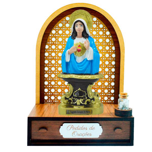Altar com gaveta de pedidos de Oração Sagrado Coração de Maria de Mesa (25Cm) + Terço Grátis 