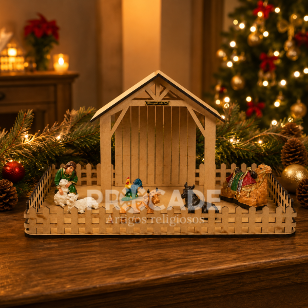 Estábulo para Presépio em MDF com Animais e Pastor – Decoração Natalina 7 Peças