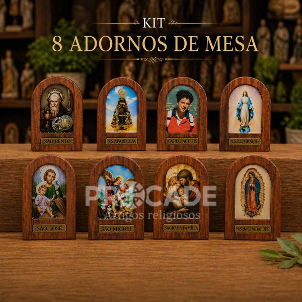 Kit com 8 Adornos de Mesa Religiosos em Madeira de Demolição com Imagem Resinada – Acabamento Premium
